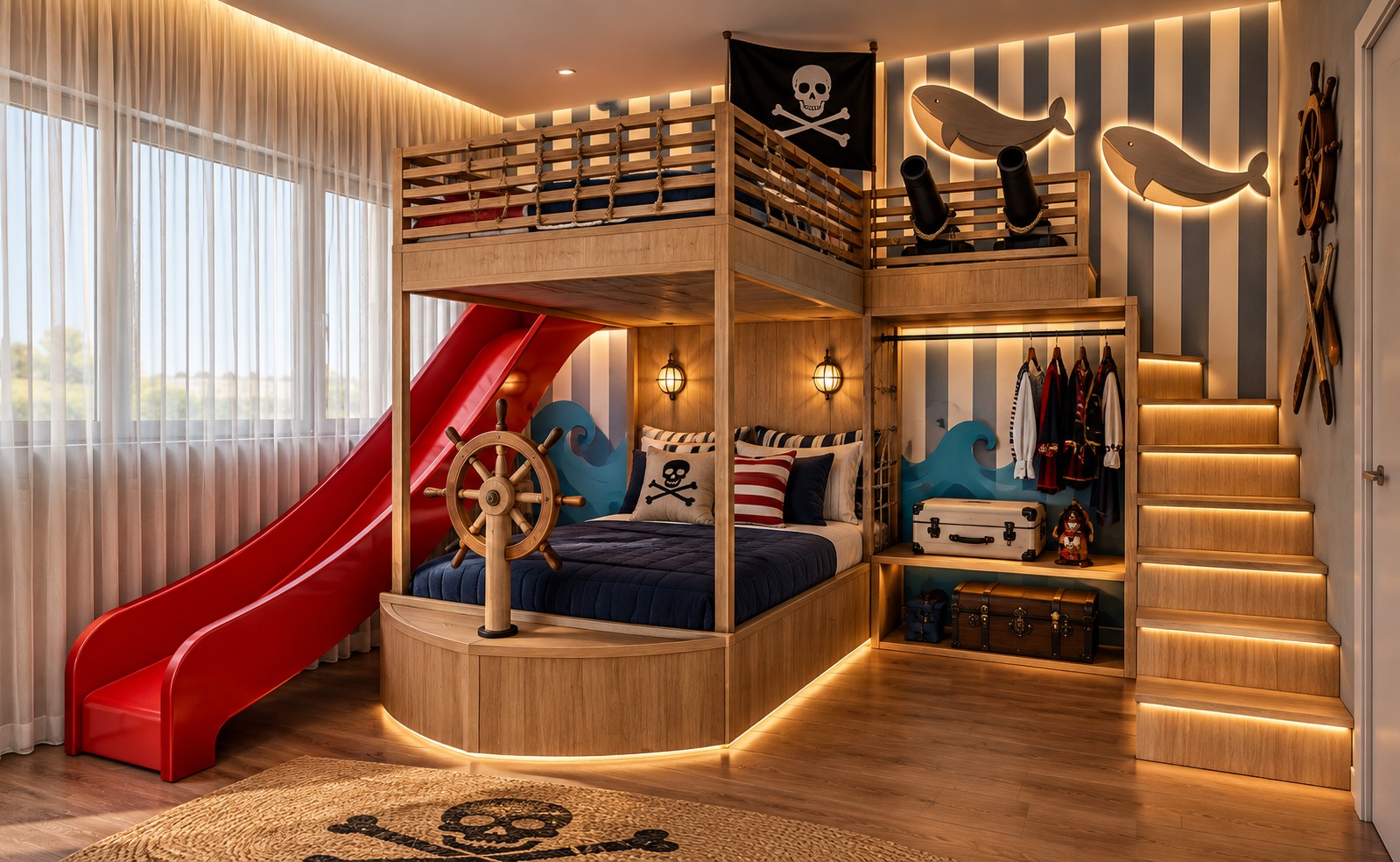 Projeto TEMMA de tem\u00e1tica pirata, com mezanino, escorregador vermelho, escada iluminada e decora\u00e7\u00e3o n\u00e1utica
